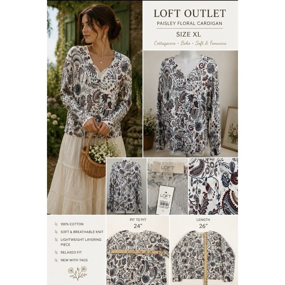 LOFT Outlet Women’s XL Paisley Floral Cardigan White Burgundy Boho Cottagecore